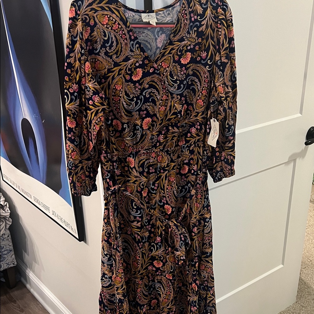 Floral Paisley V-Neck Midi Dress in Black and Pink